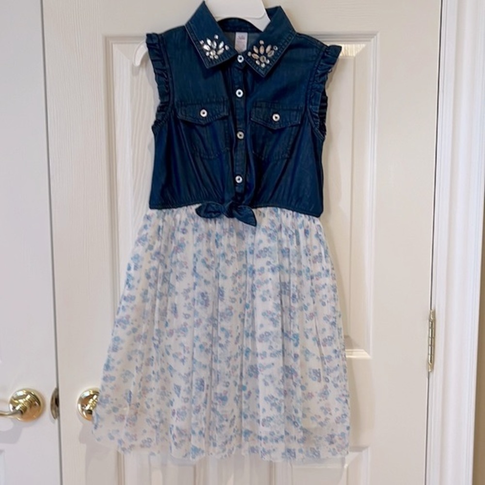 Girls Sleeveless Denim/Tulle Dress